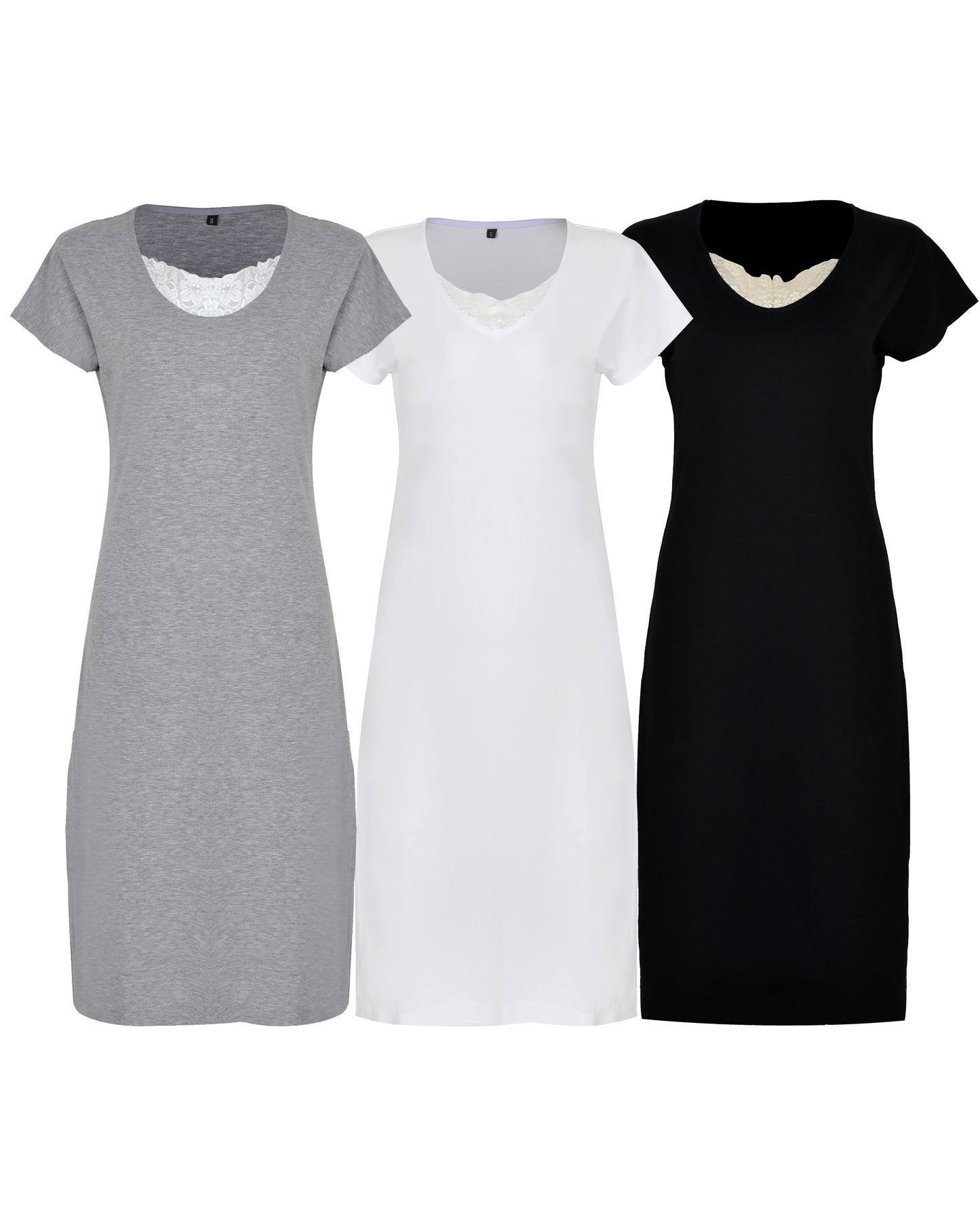 Three cotton night dresses in gray, white, and black colors, displayed side by side.