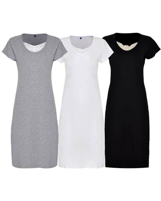 Three cotton night dresses in gray, white, and black colors, displayed side by side.