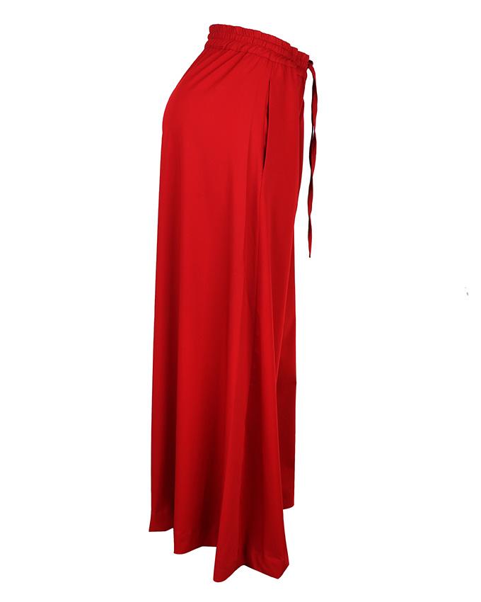 Side view of bordeaux palazzo pants showing pockets